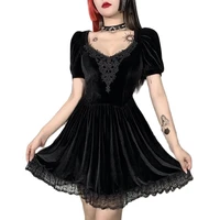 rosetic gothic fashion velvet vintage womens dress 2021 summer high waist lace square collar puff sleeve casual dresses goth