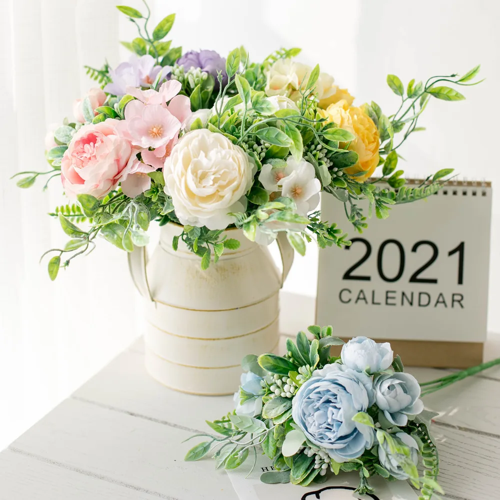 

Artificial roses white silk flowers peony high quality sky blue bride bouquet wedding decoration fake flower home accessories cr