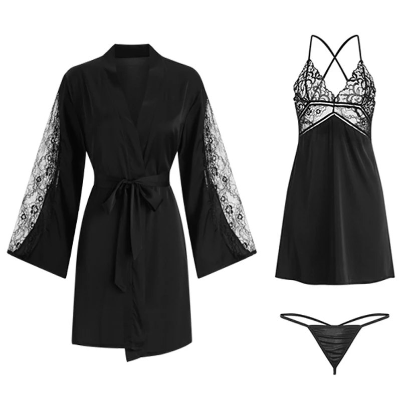 

CINOON 3 Pieces Women Pajamas Sets Faux Silk Pajamas Sleepwear Sets Embroidery Lace Bath Gown Wedding Night Dress Robe With Belt