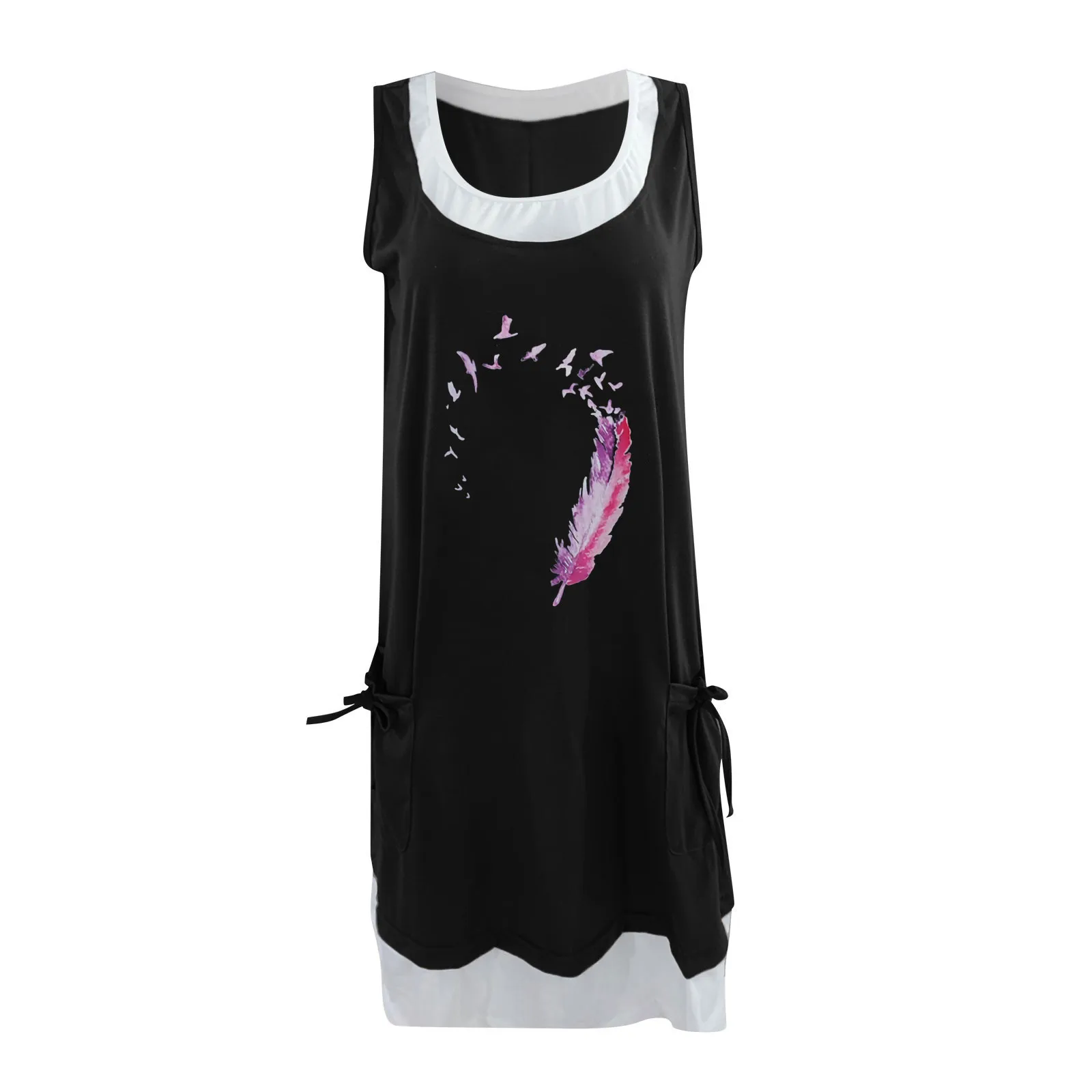 

Womens Summer Beach Dress Casual Round Neck Feather Print Knee Length Dresses Fake Two Piece Dress With Pocket Vestidos Sundress