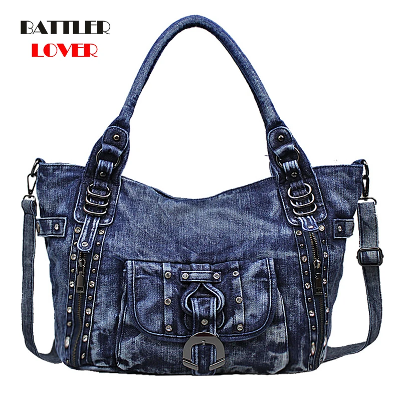 

Women Denim Travel Handbags Big Capacity Shopper Crossbody Bags For Female New Rivet Designer Lady Totes Bag 2021 Luxury Brand