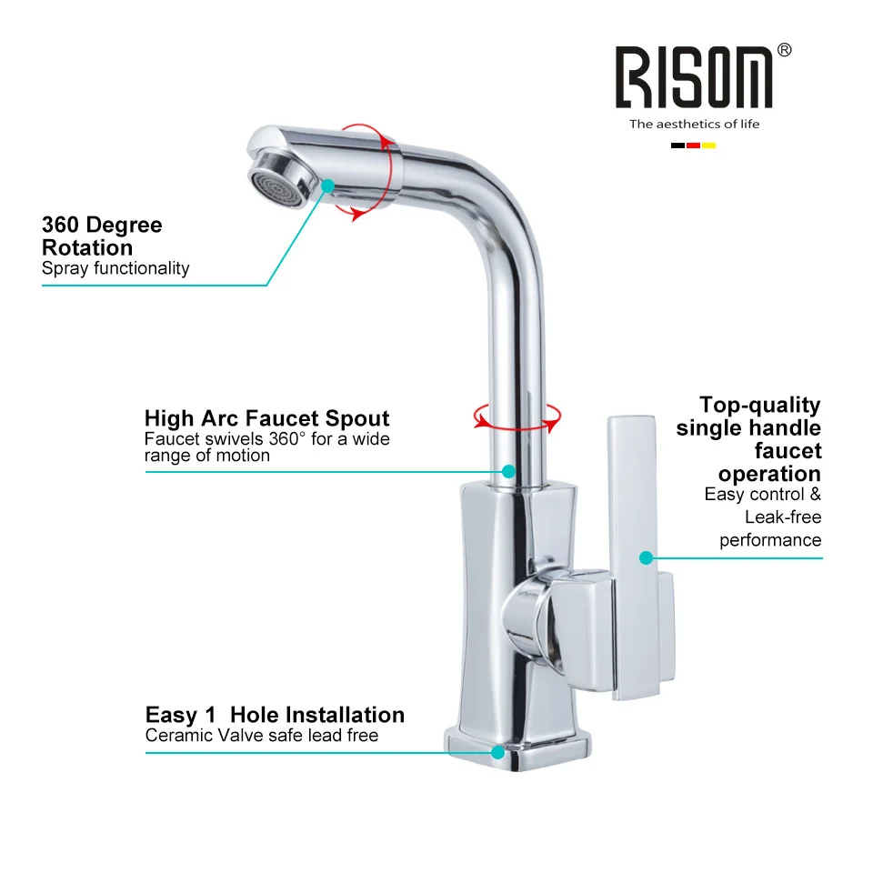 

RISOM Bathroom faucet Washbasin Tall Chrome Mixer Tap 360 Degree Rotation Deck Mounted hot and cold water High-Quality faucets