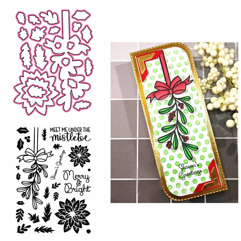 

Mistletoe Stamp Set And Coordinating Die Solid Leaves Holly Poinsettia Flowers Clear Stamps for DIY Scrapbooking Cards Crafts