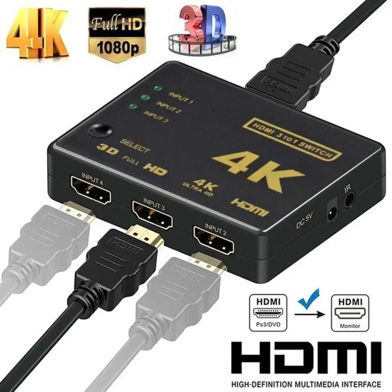 4K 3x1 3 входа 1 выход совместимый разветвитель кабеля HD 1080P видео переключатель