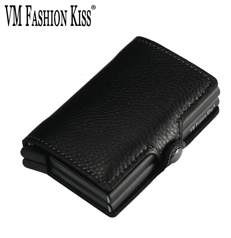 VM FASHION KISS RFID Genuine Leather Minimalist Wallet DIY Metal Aluminum Safe Purse Credit Id Business Card Holder Cardholder