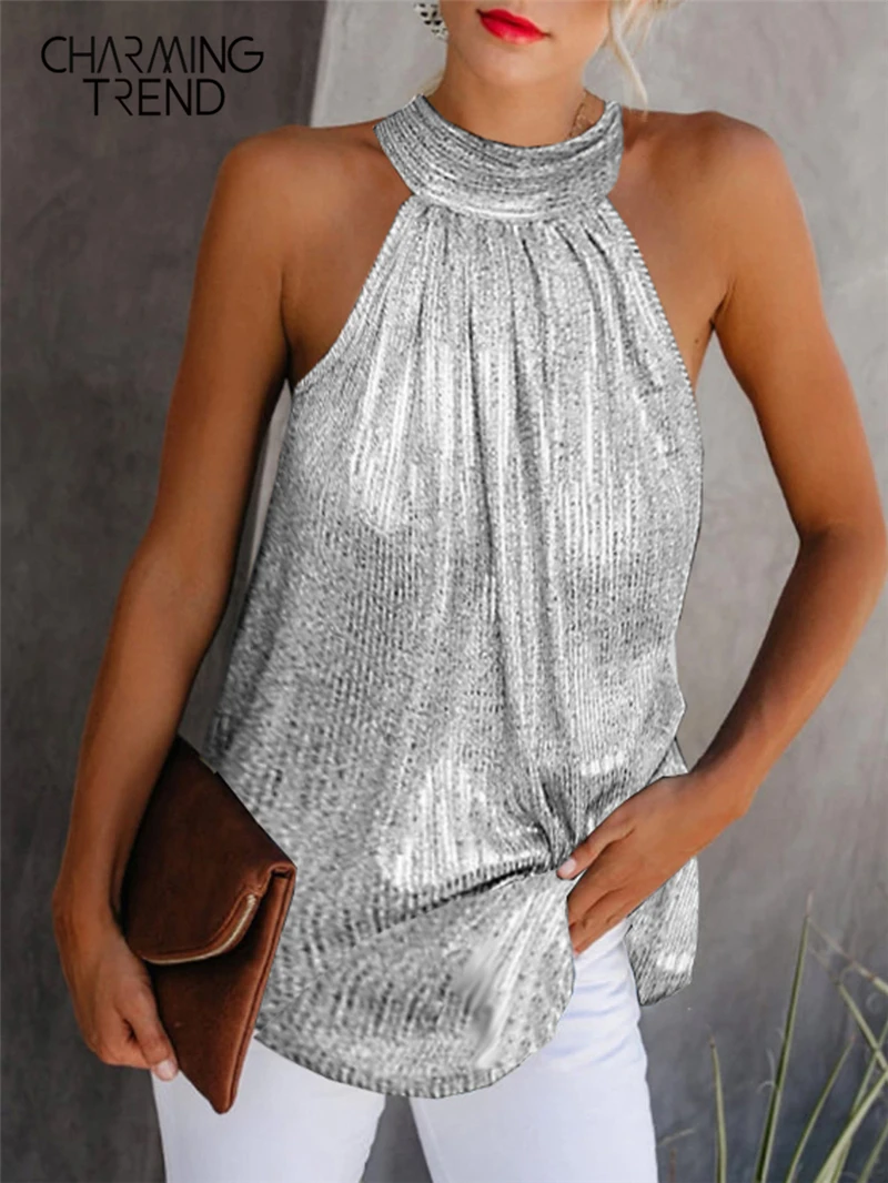 Женский жилет без бретелек Charmingtrend черный светоотражающий Блестящий