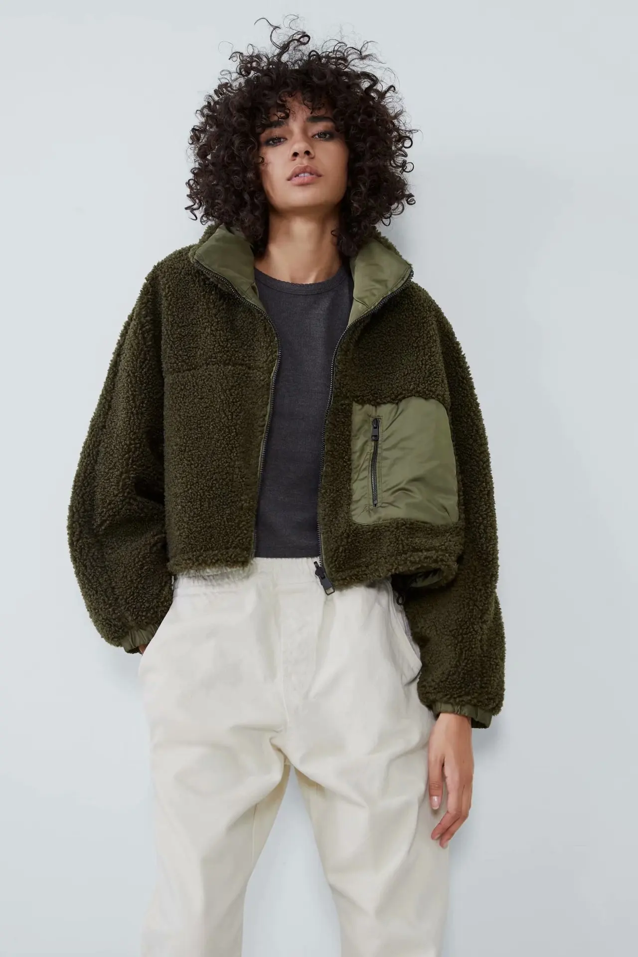 Женская двухсторонняя флисовая куртка армейское зеленое и серое пальто модель