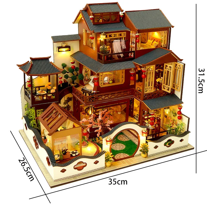New DIY Wooden Big Casa Dollhouse Kits Miniatures with Furniture 3D Chinese Villa Doll House Assembled Toys for Adults Gifts images - 6