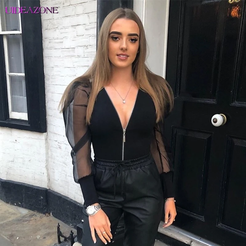 Женский пуловер комбинезон пэчворк сетка длинный рукав с буфами v-образный вырез