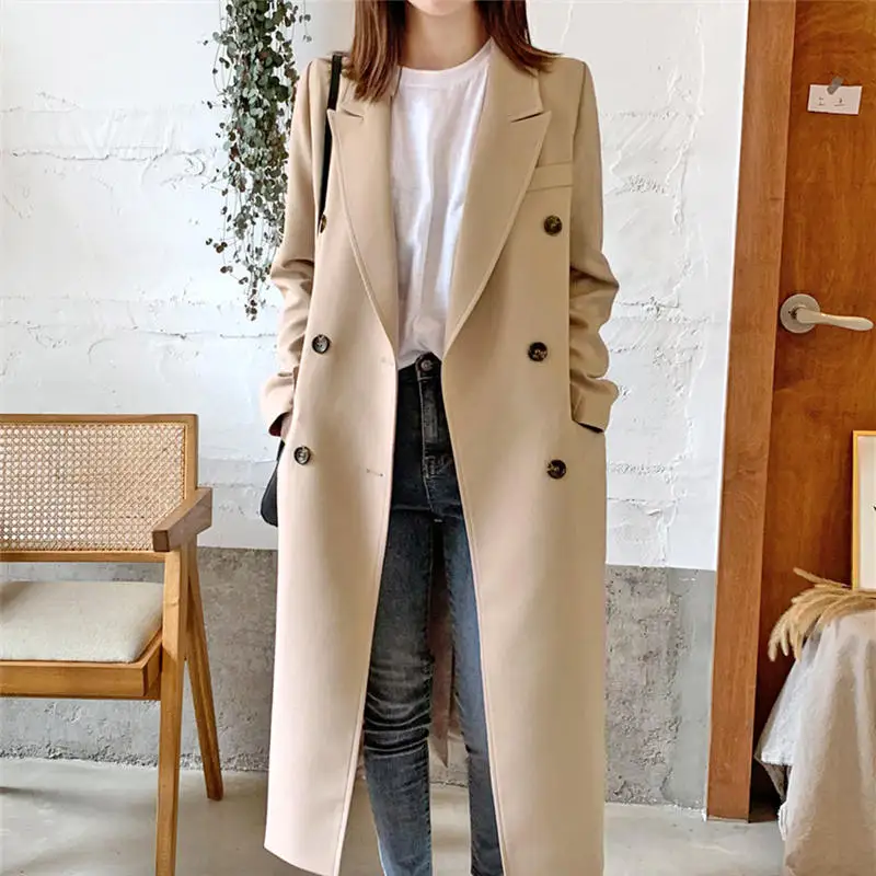 

4XL Plus Size Fashion Double Breasted Long Trench Coat For Women Autumn Elegant Straight Blazer Trench Coats Windbreaker C6533