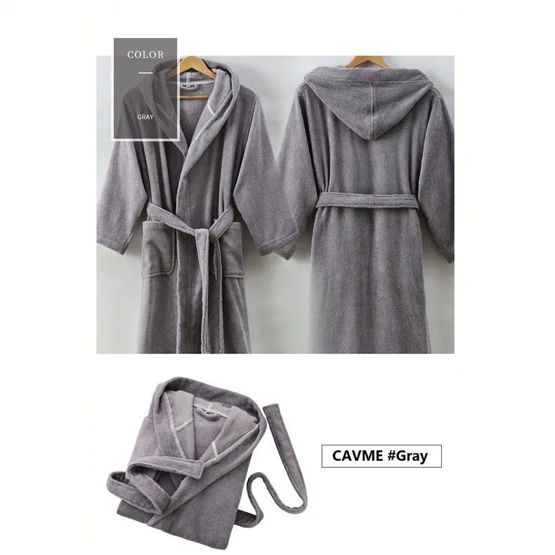 CAVME 3 Gray Халат из чесаного хлопка и махровой ткани с капюшоном, халат для женщин и мужчин, длинные халаты размера плюс, халаты для отелей, плотная длинная ночная рубашка для отдыха - Цвет: CAVME 3 Gray