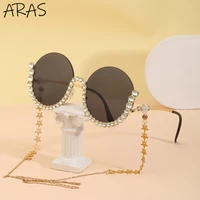 diamond round sunglasses women with chain semi rimless sun glasses luxury brand designer crystal frame rhinestone eyewear oculos