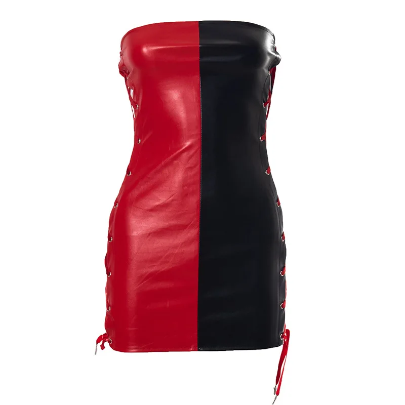 

women Summer new stitching contrast color sexy wrapped chest strap drawstring short dress club dresses vestidos mujer