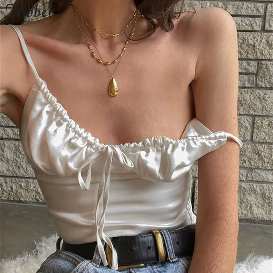 

Summer Satin Crop Top Women Strappy Ruched Bust Tied Neck Tank Tops Vest Short Camis Tees Female Basic Style Clothes 2021 New