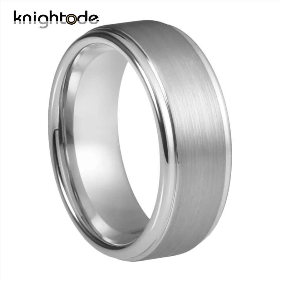 

8mm Mens Silvery Tungsten Carbide Rings Wedding Band For Modern Fashion Jewelry Gift Stepped Edges Surface Brushed Comfort Fit