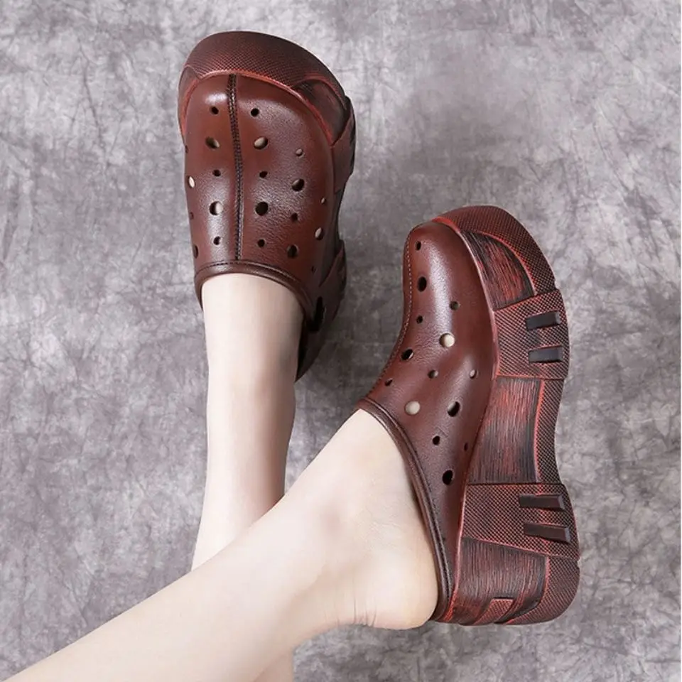 

Slipper Female Platform 2023 New Women Slippers Leather Retro Casual Summer Sandals Women wedge Flip Flop Platform