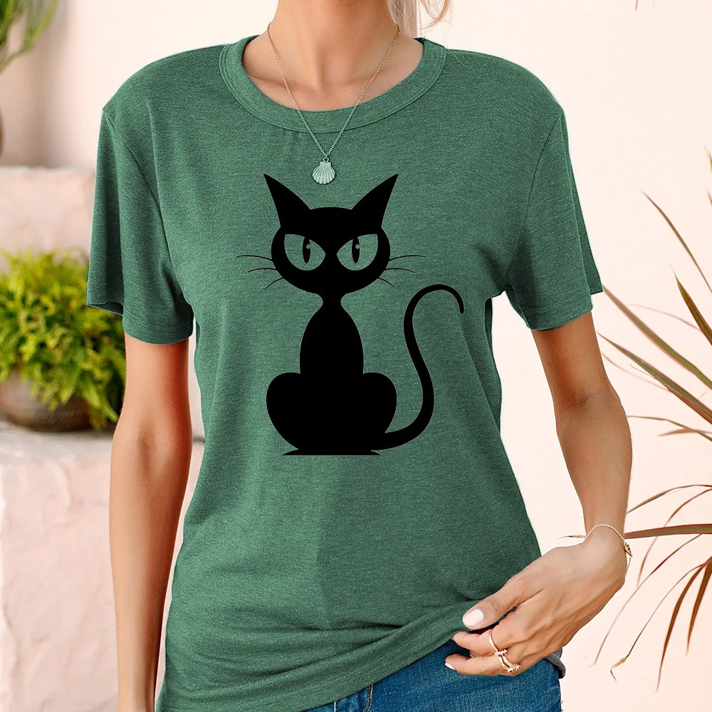 

Female Korean Style Originality Casual Fashion Women Black Cat Graphic Clothing T-Shirt Funny Harajuku Regular Crew Neck Novel