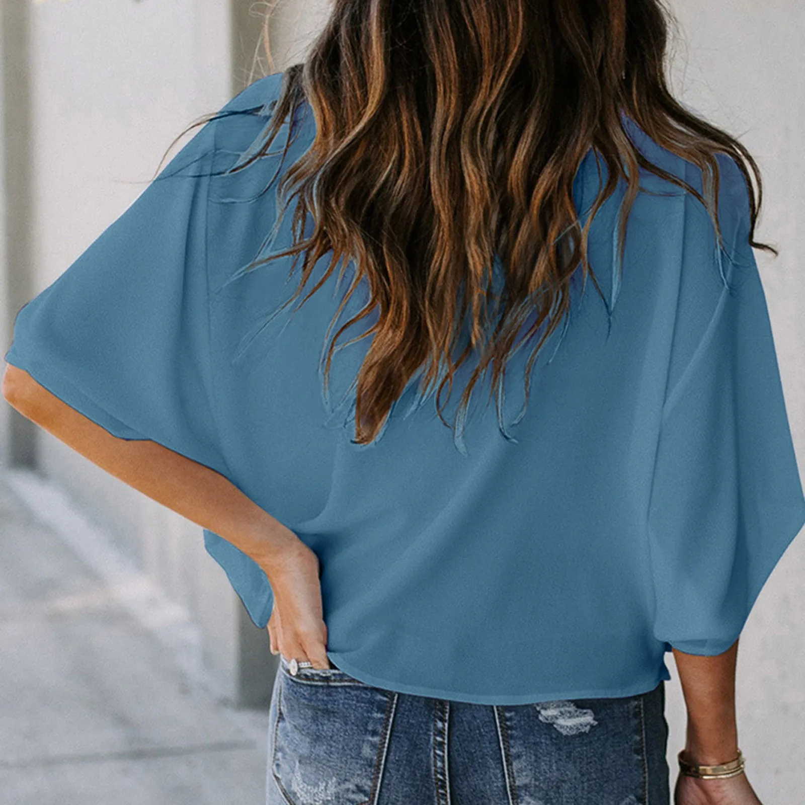 

New Elegant Women Chiffon Shirt Blouse Casual Draped V-neck Bat Sleeve Loose Shirt Top Fashion Solid Color Office Lady Blouses
