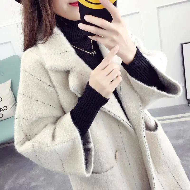 apricot Зимний модный женский вязаный кардиган из искусственного меха норки, Корейская Свободная куртка, верхняя одежда, теплое пальто, Повседневные свитера B14 - Цвет: apricot