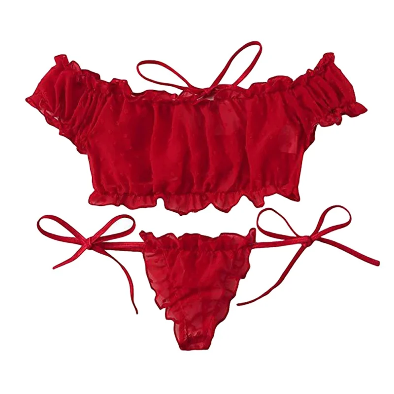 

Комплект нижнего белья женский плиссированный, Милая комбинация, одежда для сна, Топ без бретелек и трусы, красный комплект нижнего белья, П...
