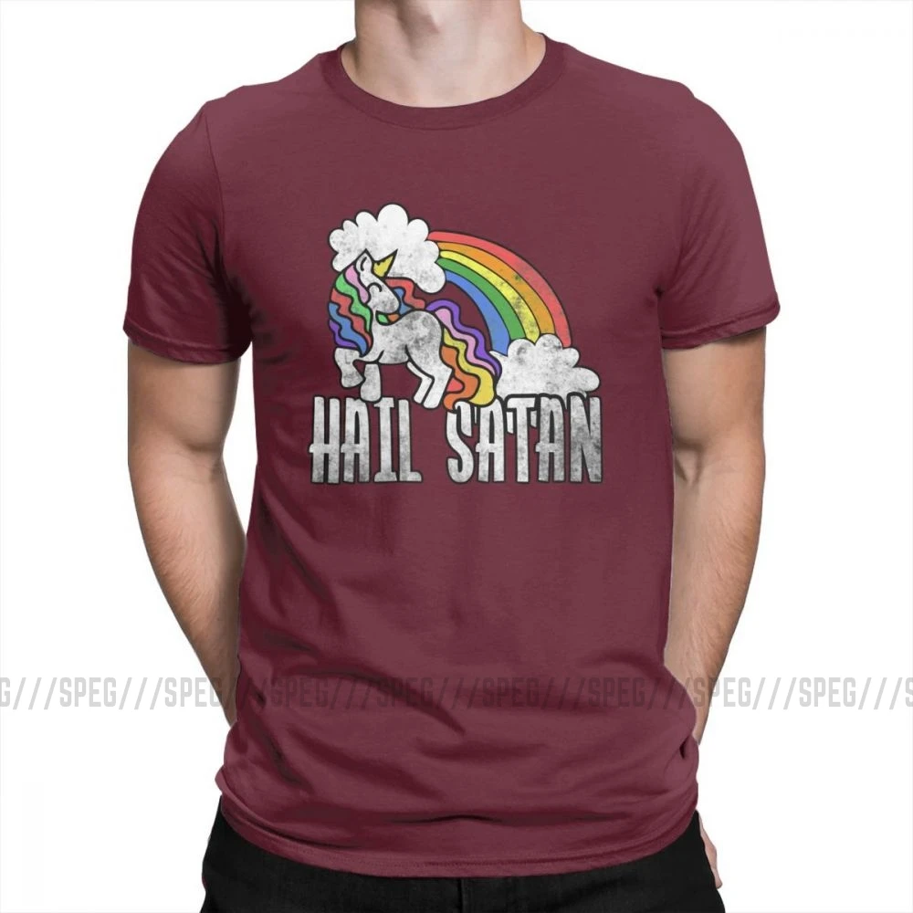 Футболка с надписью «Hail satan» в стиле ретро, радужная футболка с единорогом, футболка с коротким рукавом на заказ, Мужская футболка, топ, группа размера плюс, хлопок, Мужская футболка с круглым вырезом - Цвет: Burgundy