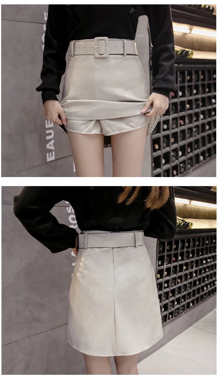 Высококачественная юбка из искусственной кожи с поясом Осень Зима Новое поступление бежево-зеленая черная мини-юбка трапециевидной формы Женская горячая распродажа