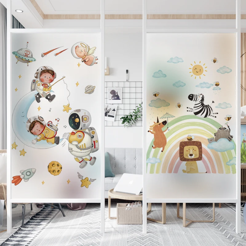 

Jelnln Электростатическая матовая стеклянная пленка с изображением мультяшного космоса астронавта животного для детей на балконе непрозрачн...