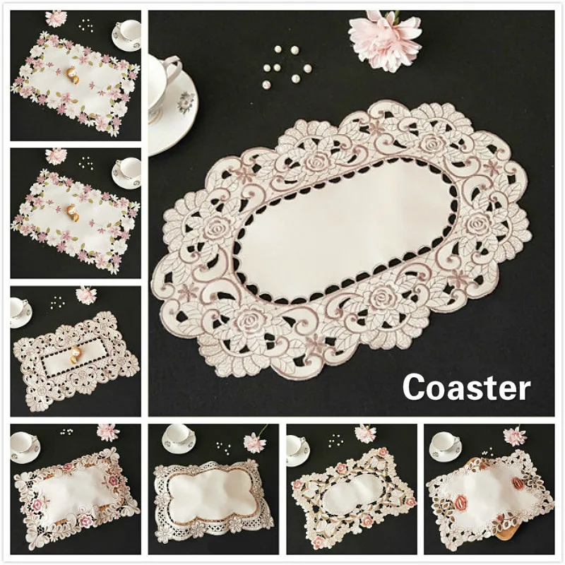 

NEW Oval Pastoral Cotton Embroidered Hollow Placemat Cover Cloth Napkin Coaster Balcony Coffee Table Mat Cup Christmas Wedding