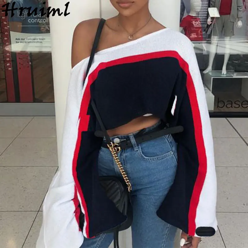 

Sweater Women Casual Loose Long Sleeve Slash Neck Lady Pullovers Knitted Sweaters Autumn Fashion Striped Crop Tops Sueter Mujer