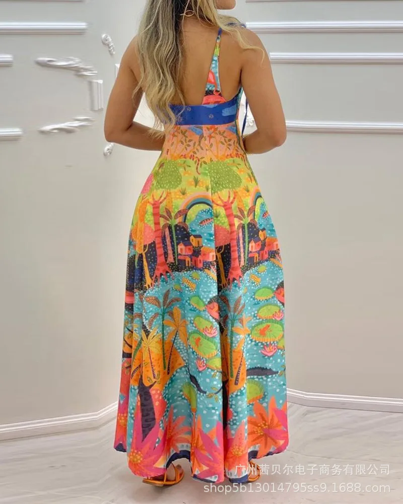 

2021 European and American new printed v-neck dress plus size bridesmaid dress