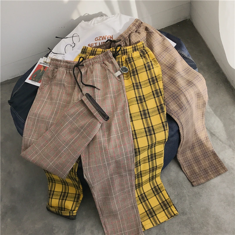 

Streetwear Black Plaid Pants Men Joggers 2021 Mens Straight Harem Pants Men Korean Hip Hop Trousers Plus Size