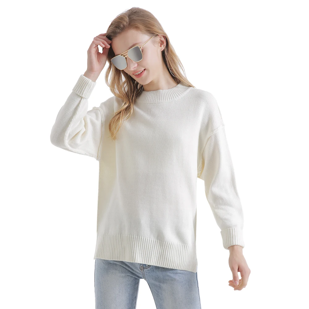 Однотонный свитер с круглым вырезом для женщин круглый вырез длинные рукава