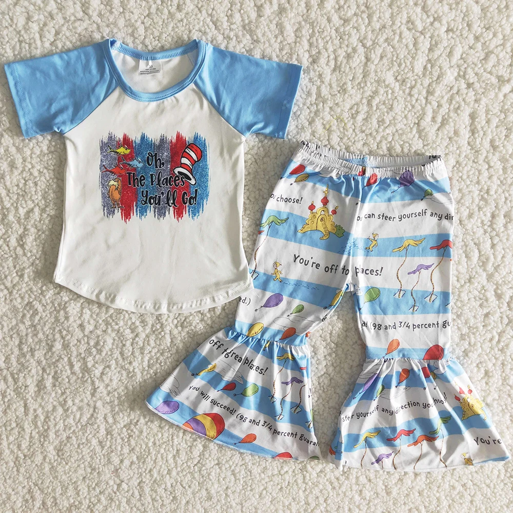 

RTS Дизайнерская одежда для маленьких девочек с мультяшным принтом, Бутик для девочек, штаны-колокольчики, наряды, милая одежда для маленьких...