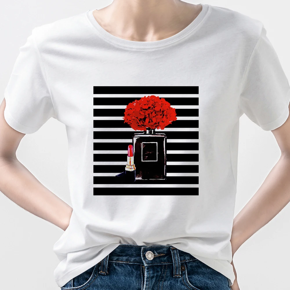 

2021 Creative Streetwear Woman T-shirt Black Perfume Bottle Black Strips Printed Short Sleeve High Quality Autumn Style Top