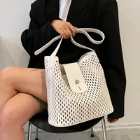 hollow white messenger bag female bag soft leather 2 piece set shoulder bag beach bag 2021 summer new handbag simple bucket bag