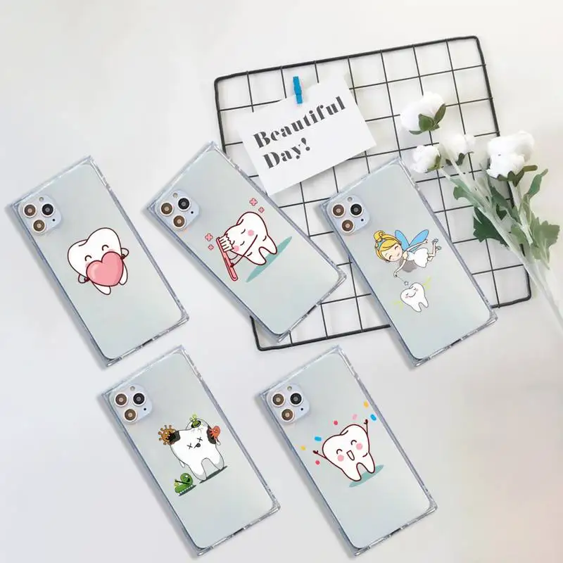 

Funny Cartoon Dentist Dental Crowned Teeth Phone Case For iPhone 7 8 11 12 X XS XR MINI Pro Max Plus Clear Square Transparent