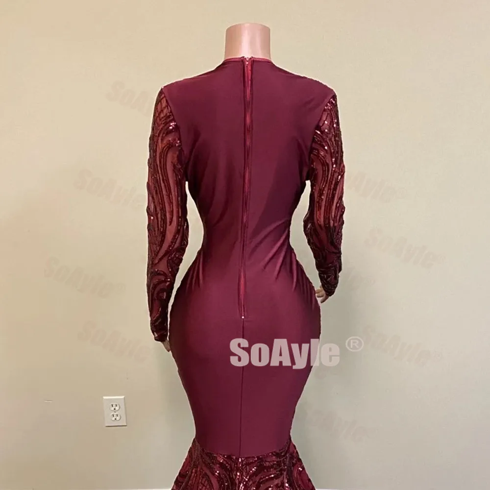 SoAyle Real Sample Long Prom Dresses 2020 Deep V-neck Mermaid Sequin Burgundy African Women Prom Dress Spandex Dresses