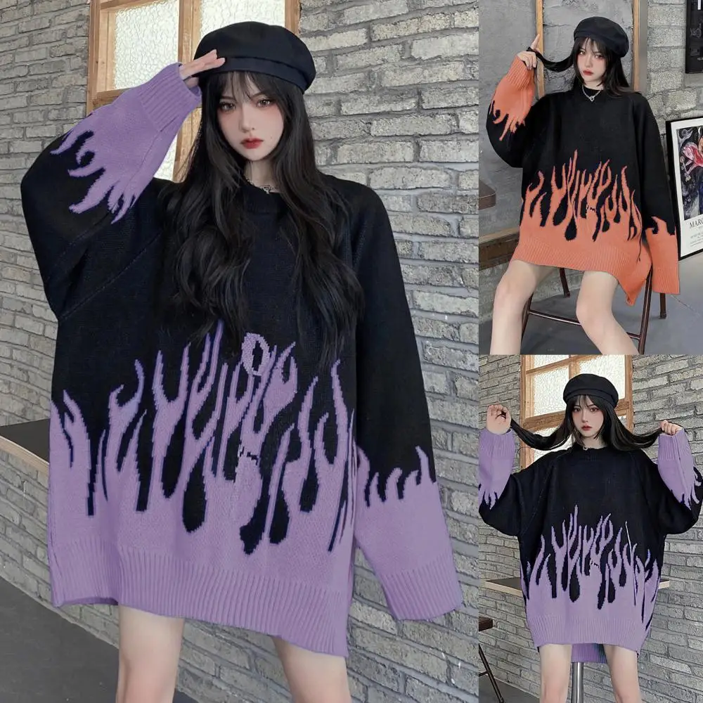 

Knitted Sweater Winter Autumn Retro Oversize Orange Purple Round Neck Loose Hip Hop Couple Woman Casual Long Sleeve Wholesale