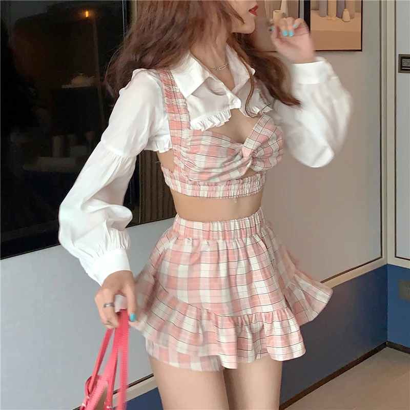 

Korean Summer Fashion Outfit Sexy Short Ruffles Shirt Plaid Bow Suspender Mini Elastic High Waist Skirt Vacation Three-Piece Set