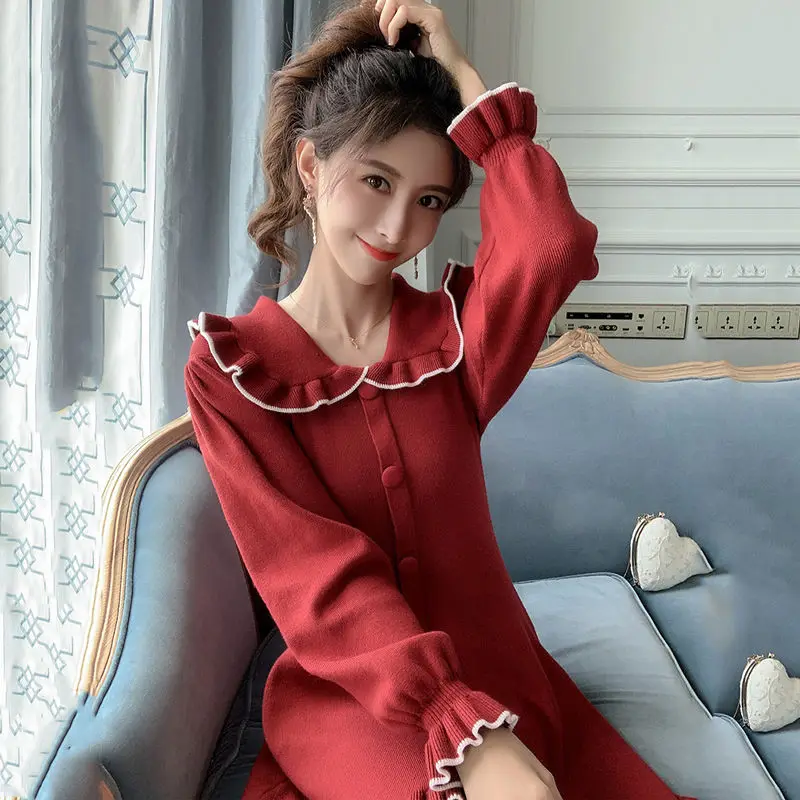 

Women's Spring Autumn Style Dress Women's Solid Color Peter Pan Collar Lantern Sleeve Knitted Elegant Sweet Dress SS3741