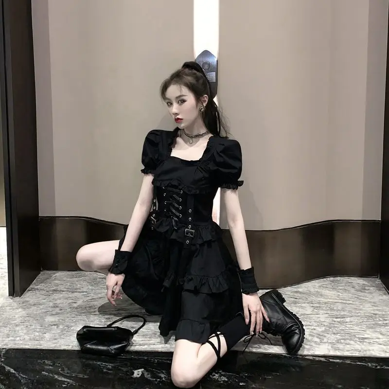 

GothGotik Gothic Lolita Puff Sleeve Sexy Black Dresses Vintage Bandage Ruffled Bodycon Dress Party Casual Streetwear Sweet Cool