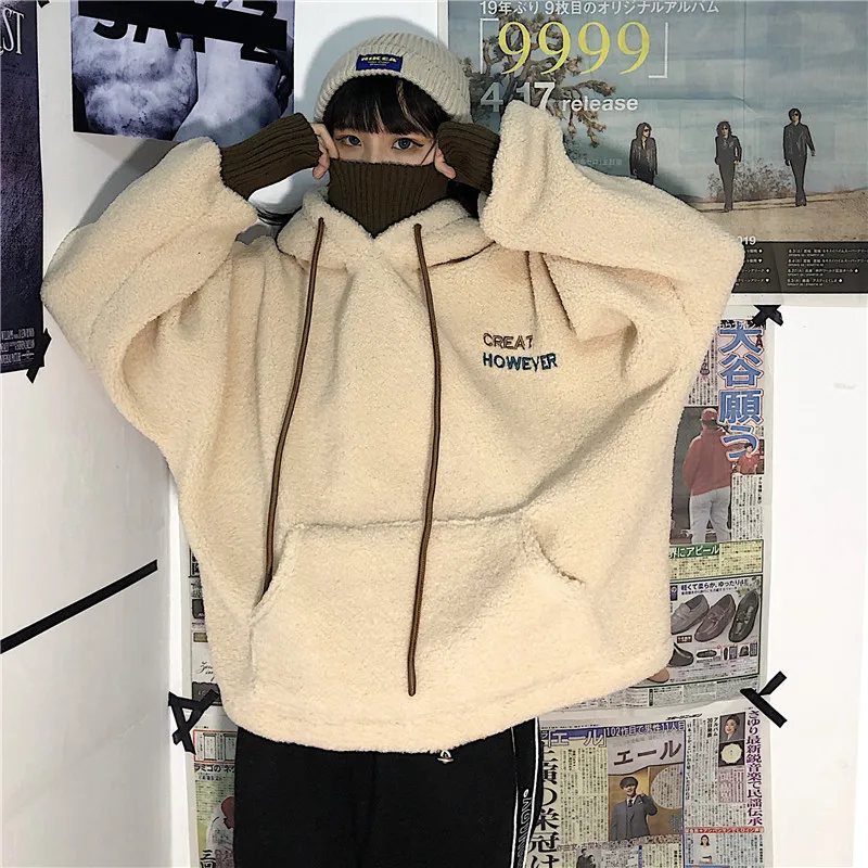 Корейский стиль instagram Harajuku винтажный овечьей шерсти с капюшоном Ulzzang женский