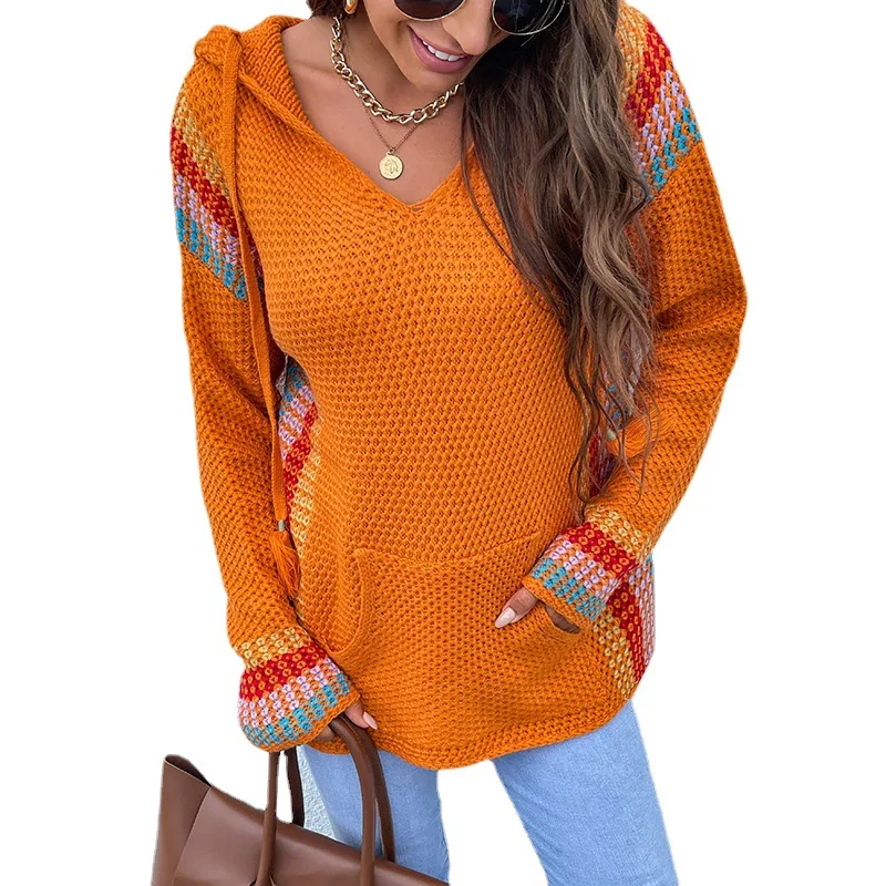 

Women's Autumn and Winter 2021 Solid Colors Hooded Sweater with Big Pocket Vertical Stripes Matching Sweaters Top Femme