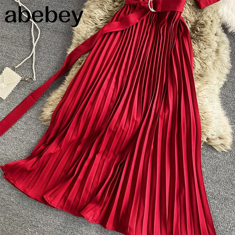 

2021 Summer Women Pleated Dress Sexy V neck Fashion Korean Vintage Vestido Lady Slim Office Short Sleeve Sashes Midi Dresses