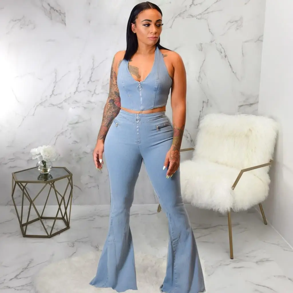 Women Two Piece Pants Set Streetwear Halter Neck Crop Top Flare Jeans Denim Suit Tracksuit Outfits |