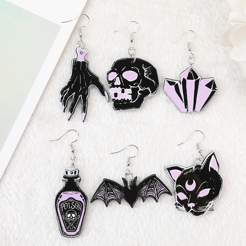 1Pair Halloween Dangle Earrings Black Punk Witches Crafts Skull Hand Cat Bat Crystal for Women Birthday Gift