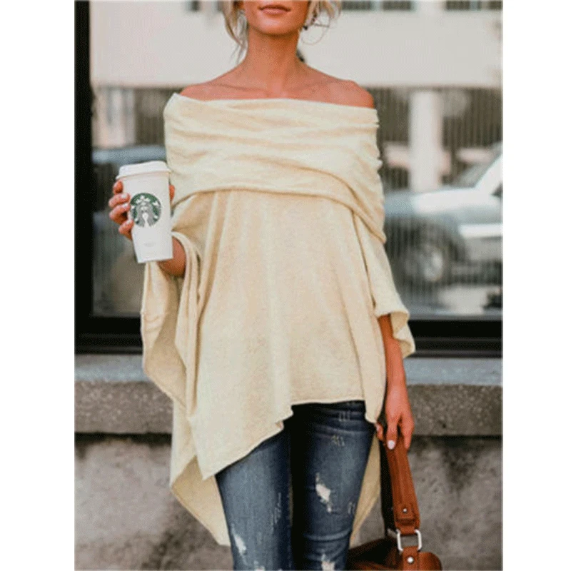Женский вязаный с открытыми плечами свитер рукавом летучая мышь свободный