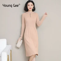 young gee thick warm women autumn winter dress long sleeve slim knitted half turtleneck high quality sweater knee length dresses
