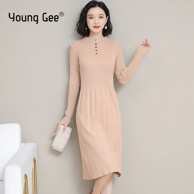 Young Gee/плотное теплое женское осенне-зимнее платье с длинным рукавом облегающее