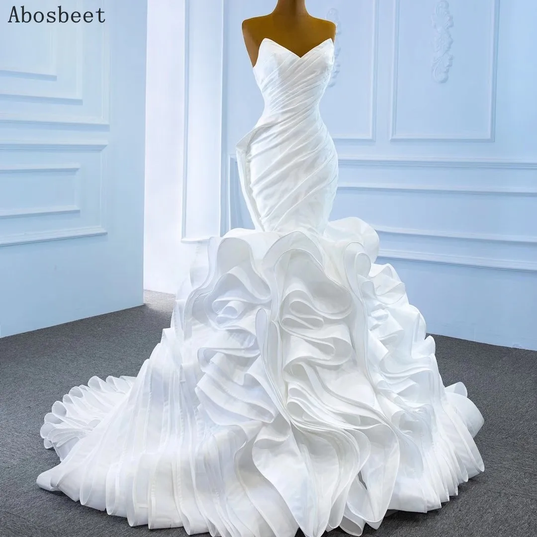 Mermaid Wedding Dress 2021 Plus Size Wedding Gowns for Bridal with Train Robe Mariee Top Pleat Ruffle Bottom V Neck Lace Up Back